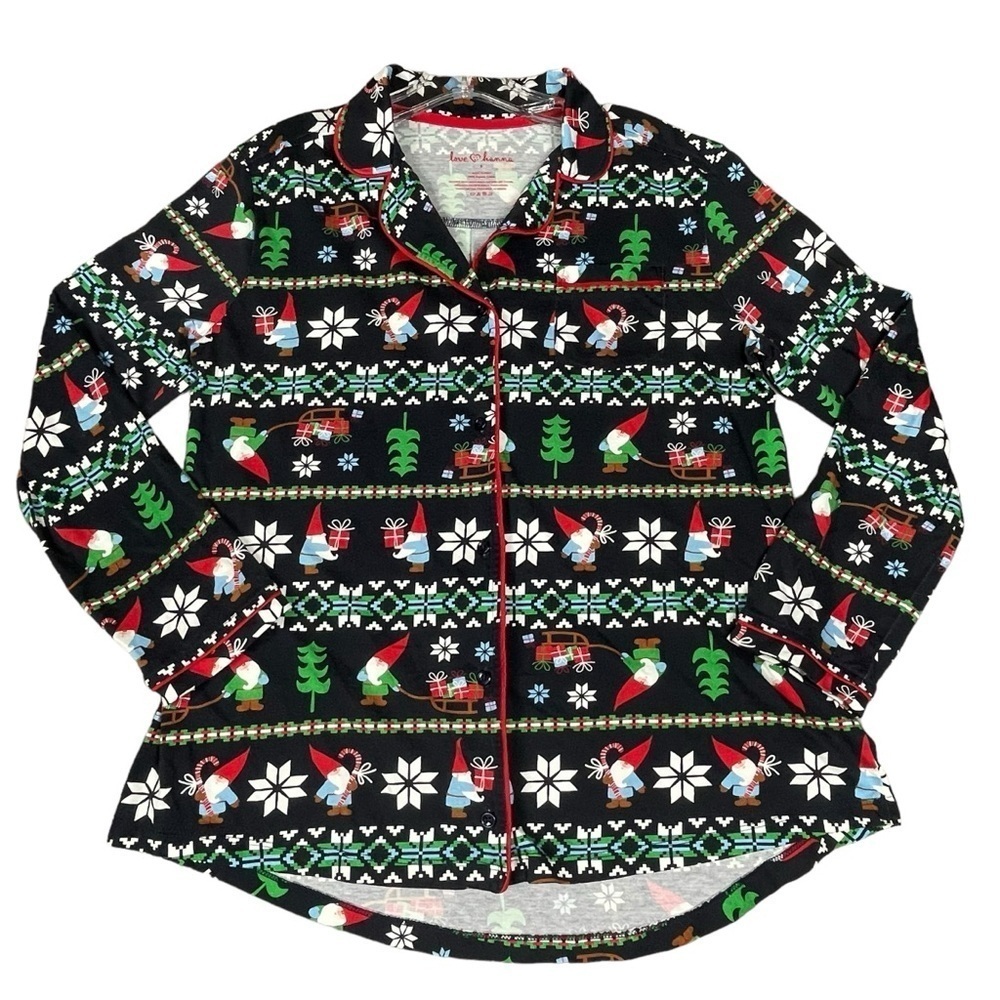 Hanna Anderson Christmas Gnome Sweet Gnome Cozy Flannel Button Up Pajama Top  S